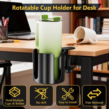 Desk Cup Holder Clip On 360° Rotating Clamp,Deeper Anti-Spill Drink Holders for Water Bottles & Coffee Mugs,Adjustable Clamp Fits Screw On Table for Drinks,Office,Gaming Desk,Home,Black