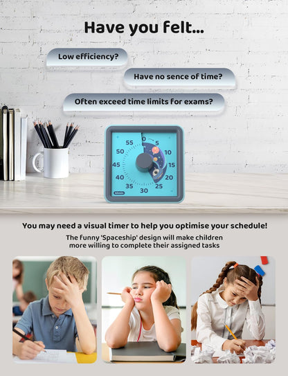 LIORQUE 60 Minute Visual Timer for Kids, Visual Countdown Timer for Classroom Office Kitchen with 'Space Ship' Pattern Design, Pomodoro Timer with Silent Operation (Batteries Included)