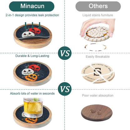 Wood Coasters for Drinks, Minacun Absorbent Coaster Sets of 5, Drinks Coasters for Coffee Tabletop Protection, Non-Slip, Non-Stick, Suitable for Kinds of Cups Wooden Table Drink, 4.3 Inches Black
