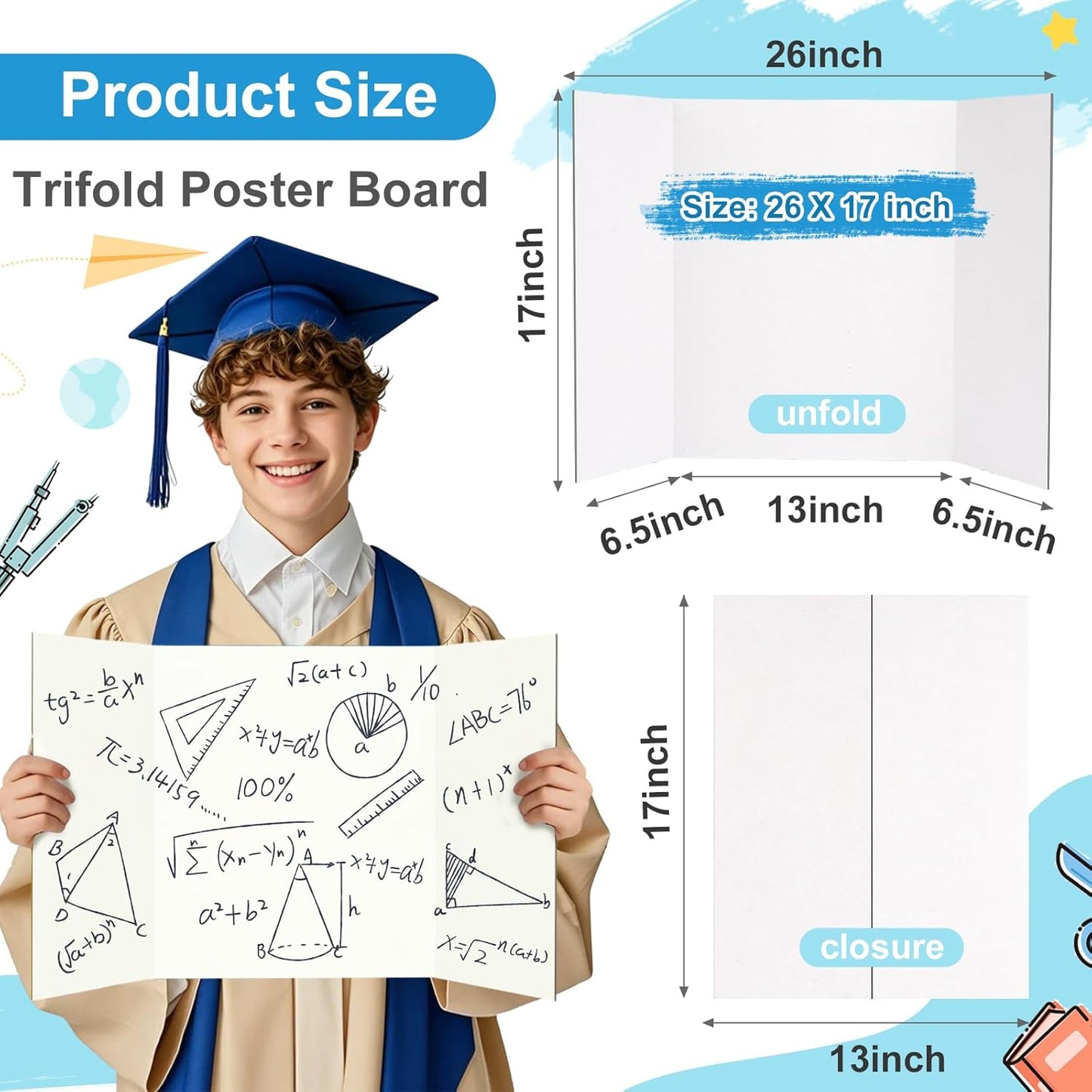 4 Pcs Small Trifold Poster Board, 21.4" x 14" Presentation Board, with Double Sided Tapes and Cardboard, White Corrugated Project Boards/Display Board for School Project/Science Fair Display Boards