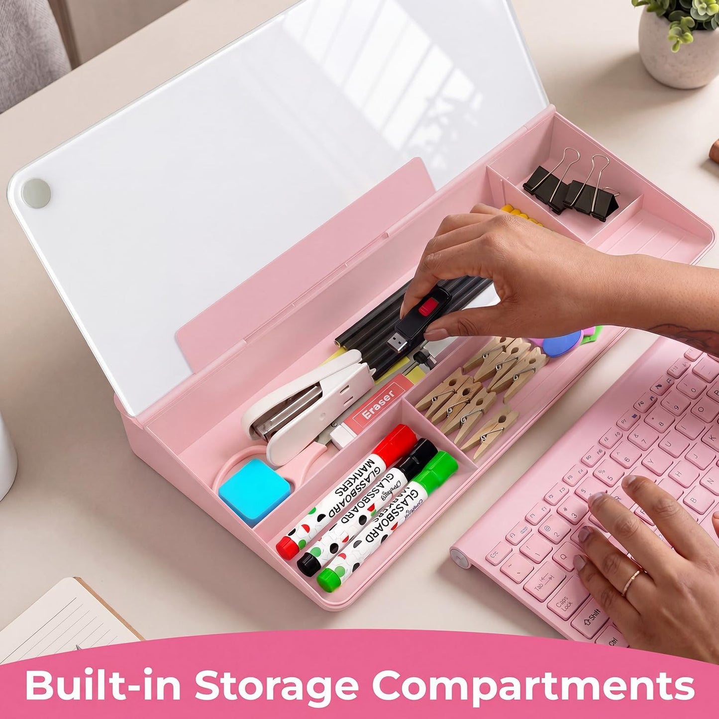 Chalkola Pink Glass Desktop Whiteboard with Storage - Dry Erase Board, Work Desk Organizers, Computer Keyboard Stand, Home Office Desk Accessories, Workspace Desktop Buddy