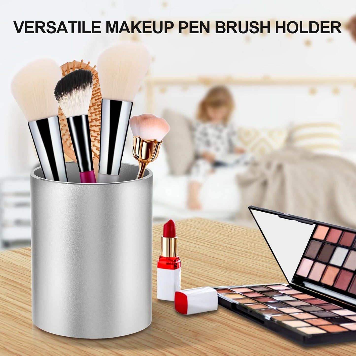 Pen Holder Pencil Holder for Desk, Metal desk pen holder, Makeup Brush Holder, pencil cup, pen organizer for desk, for Office, School, Home, and Kids 3.9×3.14inch（Silver）