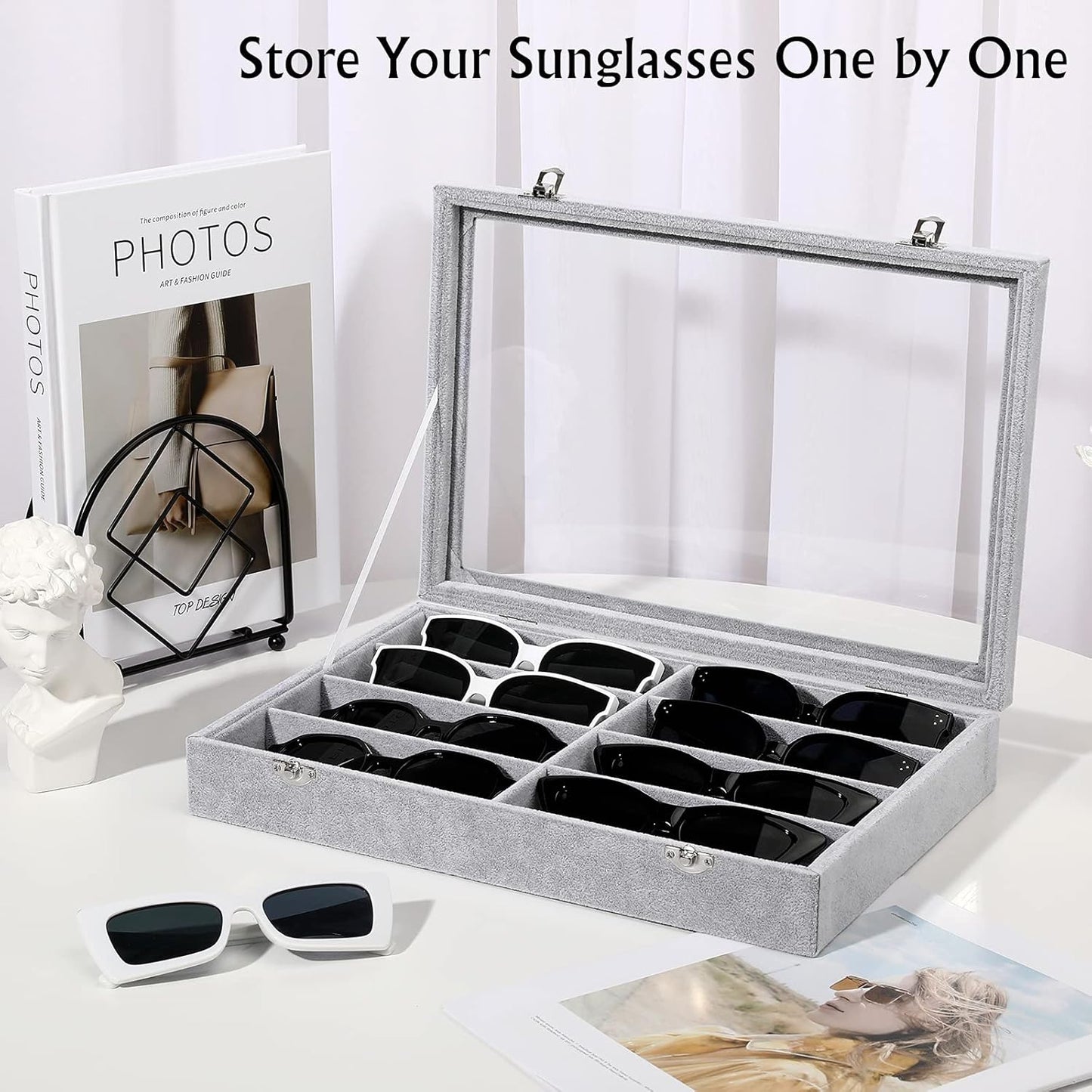 Emibele Glasses Organizer Jewelry Tray, 8 Grids with Clear Lid Velvet Tray Watch Storage Stackable Jewelry Showcase Display Storage with Detachable Inner Dividers, Beige