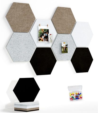 8 Pack Hexagon Felt Bulletin Board Tiles - 12" Large Thick Pin Board for Walls with 30 Push Pins, DIY Boards for Office Home School Decor, Aesthetic Hex Cork Board Alternative
