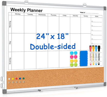 Weekly Dry Erase Calendar Whiteboard for Wall, 24" x 18" Double-Sided Weekly Planner White Board Cork Combo, Hanging & Wall Mount Week Bulletin Board with Notes for Home, Office, School, Kitchen