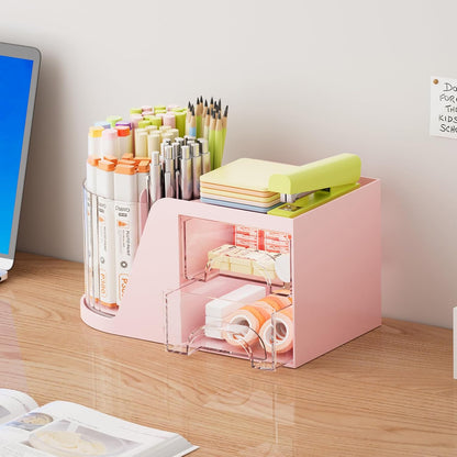 Marbrasse Desk Organizer with 2 Drawer, 360°Rotating Pen Holder, Desk Organizers and Accessories with 6 Slots Pencil Holder + 2 Drawer, Art Supply Storage Box Caddy for Office (Black)