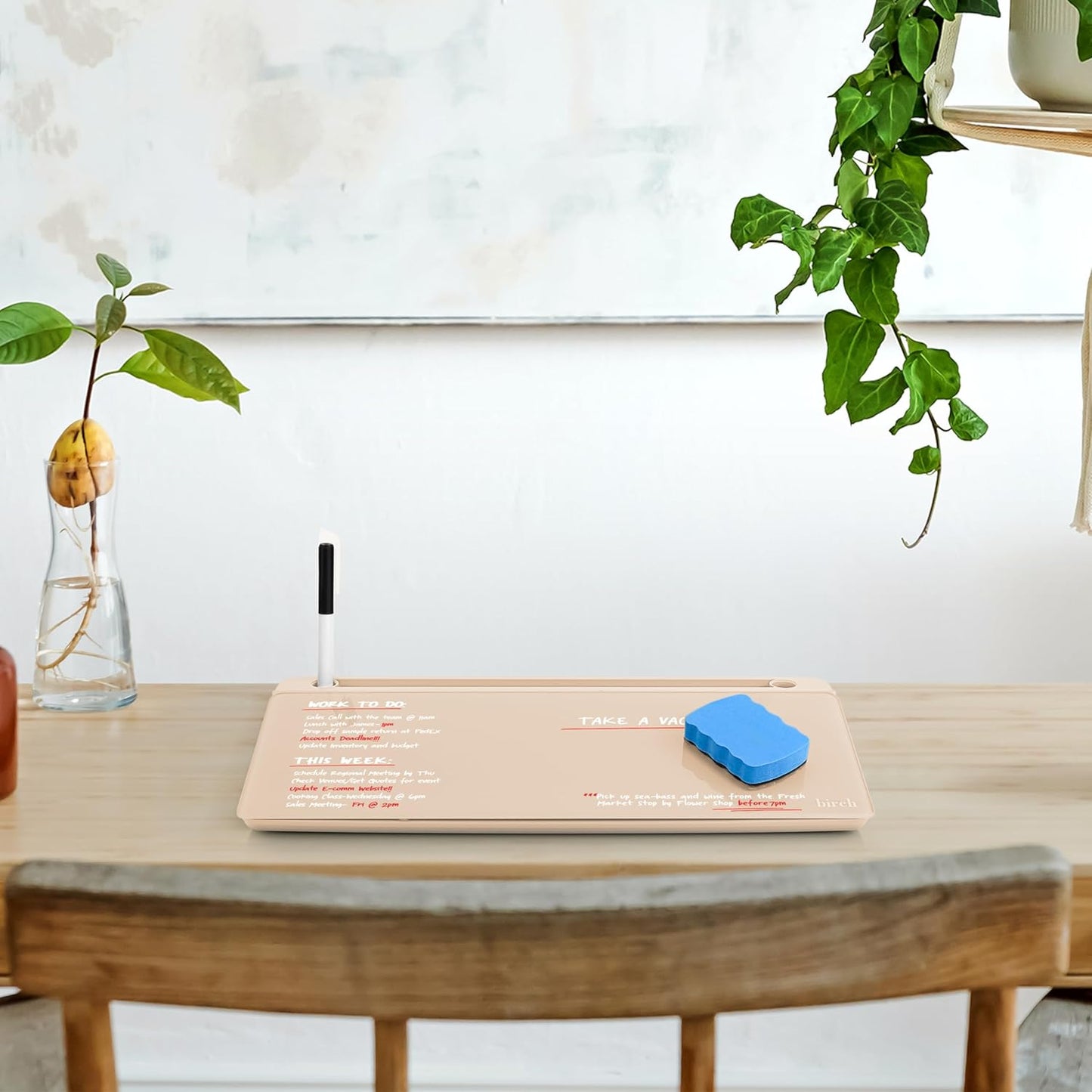 Birch Small Desktop Glass Whiteboard & Magnetic Calendar – Dry Erase Desk Pad Keyboard Stand with Storage, Adjustable Dividers, 3 Markers & Eraser – Office, Home & School (Moss)