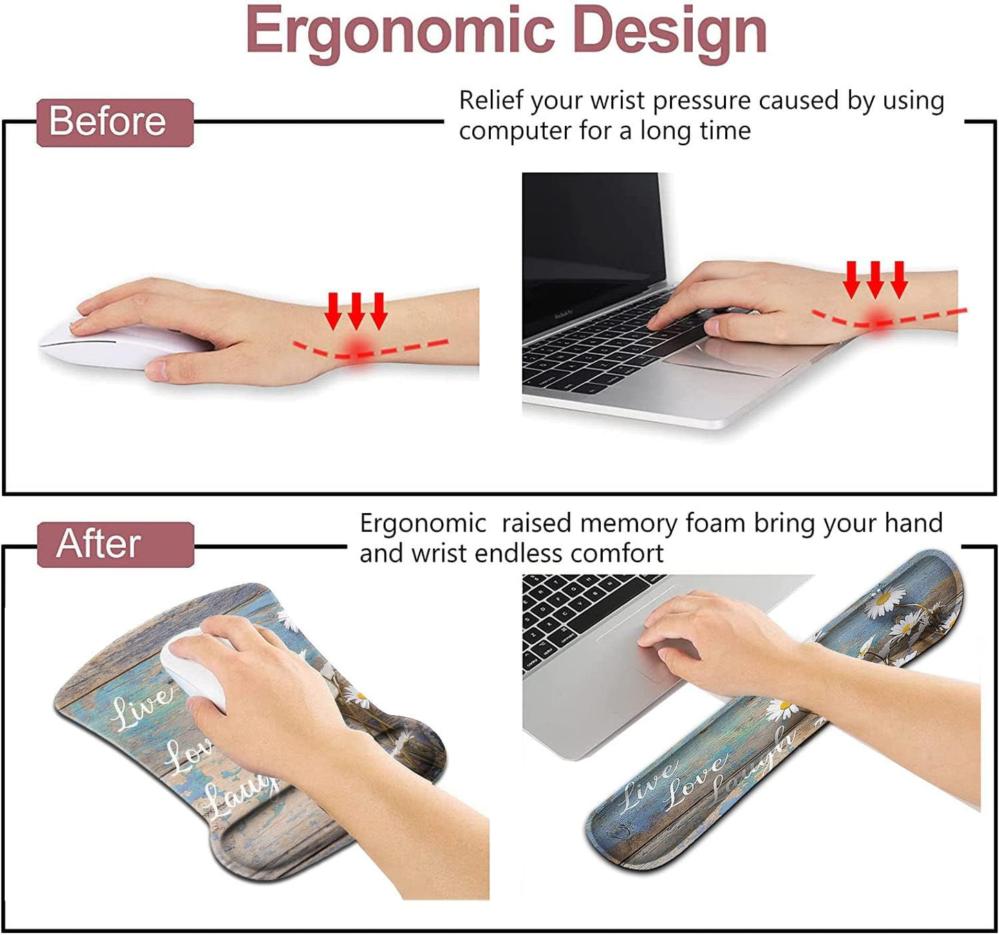 Mouse Pad with Wrist Support, Ergonomic Gel Mouse Pad Beautiful Flowers,Non-Slip Durable, Memory Foam Keyboard Wrist Rest, Suitable for Office Typing Games, Pink Hyacinths on Wood Panel