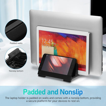 Adjustable Laptop Vertical Stand with Dual Slots Black Desktop Organizer Laptop Holder for Notebook Tablet and Phone Workspace Storage