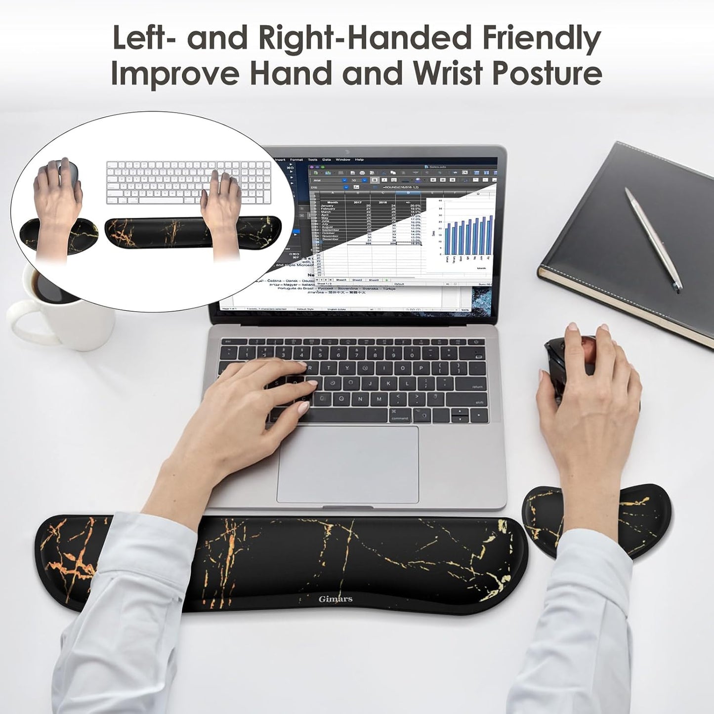 Gimars Upgrade Enlarge Silky and Superfine Fabric Gel Memory Foam Keyboard Wrist Rest Set, Ergonomic Keyboard Mouse Wrist Support for Typing Pain Relief, Comfort for Office, Gaming, Computer, Black