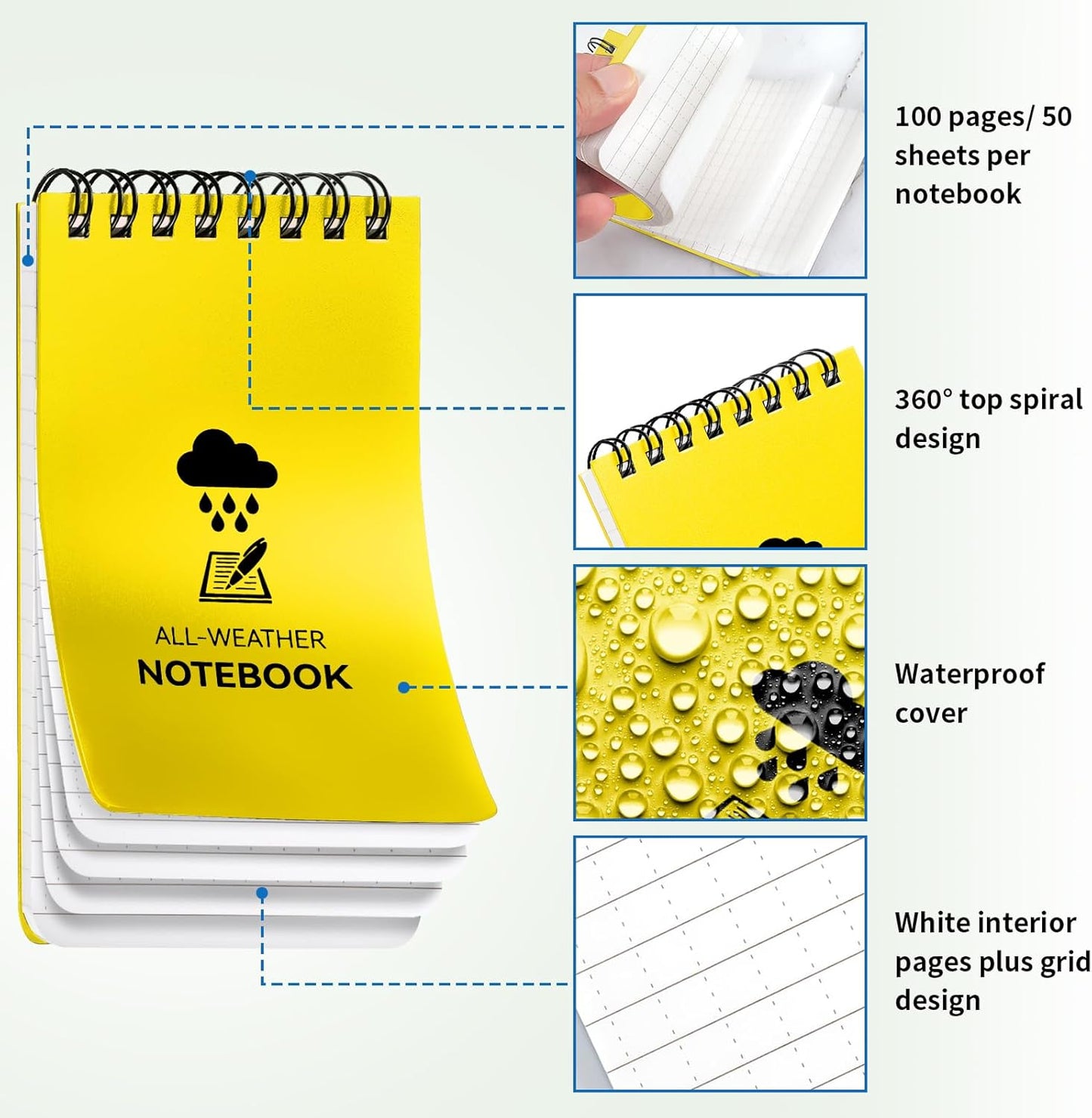 COIDEA 3 Pack Waterproof Notebook, 3 x 5 Pocket Notepad, All Weather Small Pocket Notebook Paper, Mini Spiral Notepad Police Notepad 100 Lined Pages for Outdoor Office