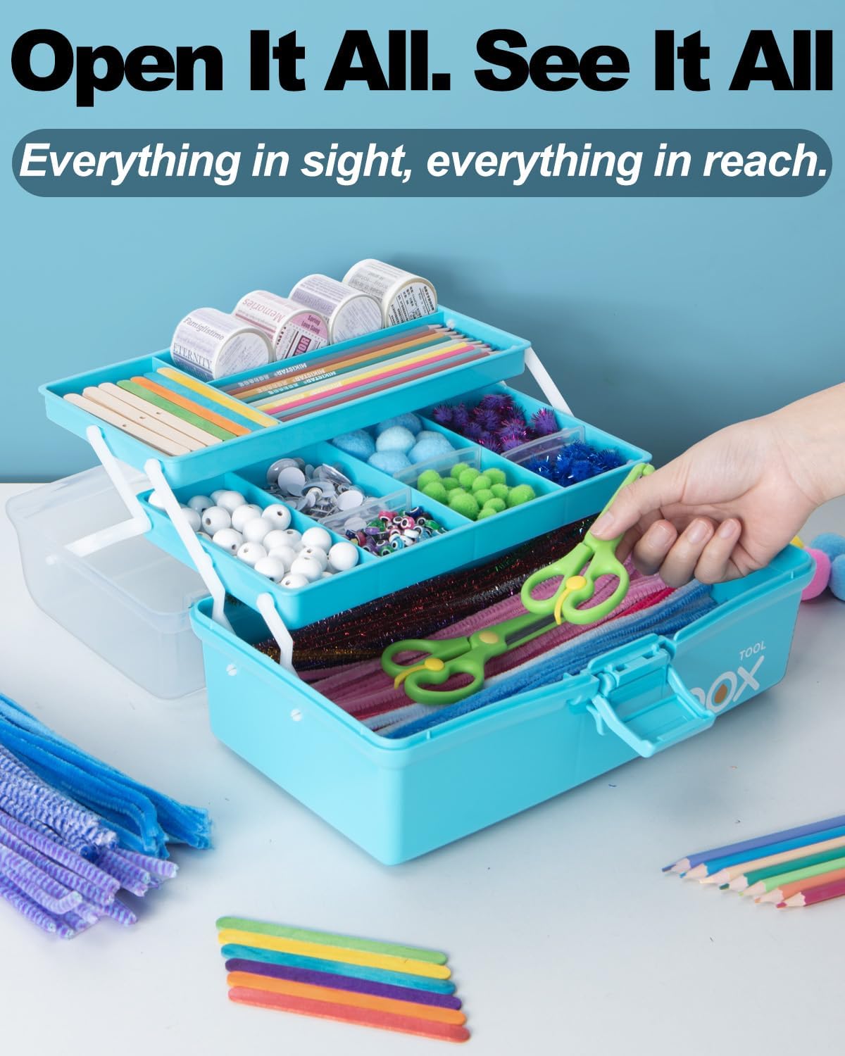TERGOO 12in 3-Layer Plastic Craft Organizers and Storage, Portable Folding Tackle Box with Handle & Adjustable Dividers, Multipurpose Case for Sewing, Art Supplies, Medicine, Tools (Purple Blue)