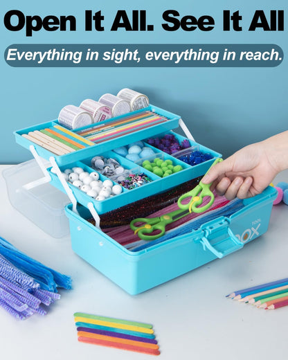 TERGOO 12in 3-Layer Plastic Craft Organizers and Storage, Portable Folding Tackle Box with Handle & Adjustable Dividers, Multipurpose Case for Sewing, Art Supplies, Medicine, Tools (Purple Blue)