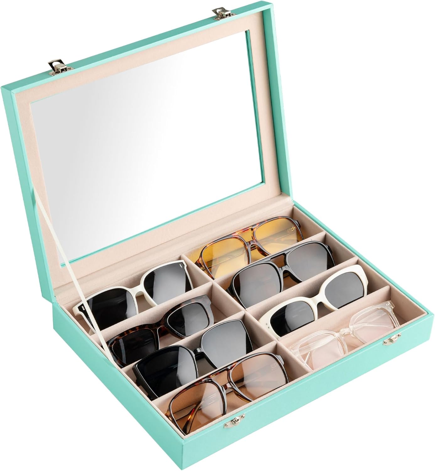 Frebeauty Sunglass Organizer,PU Leather Glasses Organizer,8-Slot Sunglasses Tray,Men's/Women's Sunglasses Box,Sunglass Case,13.3 x 9.6 x 1.5 Inches,Eyeglass/Eyewear Display Tray(Grey)