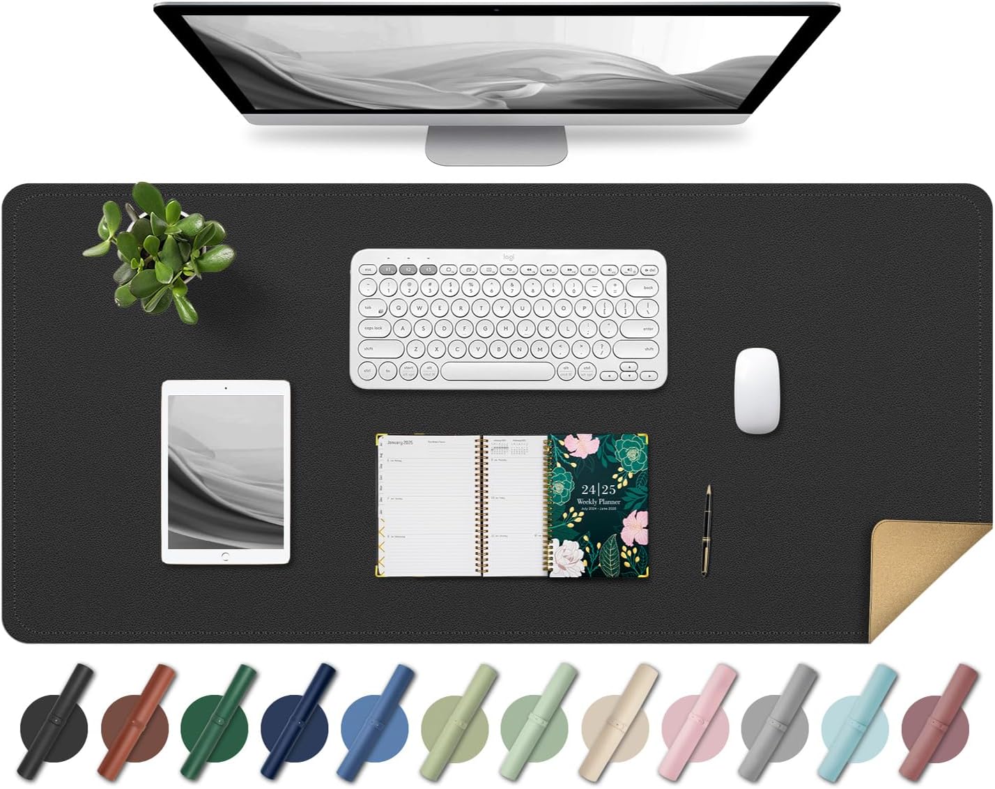Non Slip Desk Mat, 31.5" x 15.7" PU Leather Desk Pad, Cork Desk Mat for Desktop, Desk Pad for Keyboard and Mouse, Ideal for Office and Home, Black