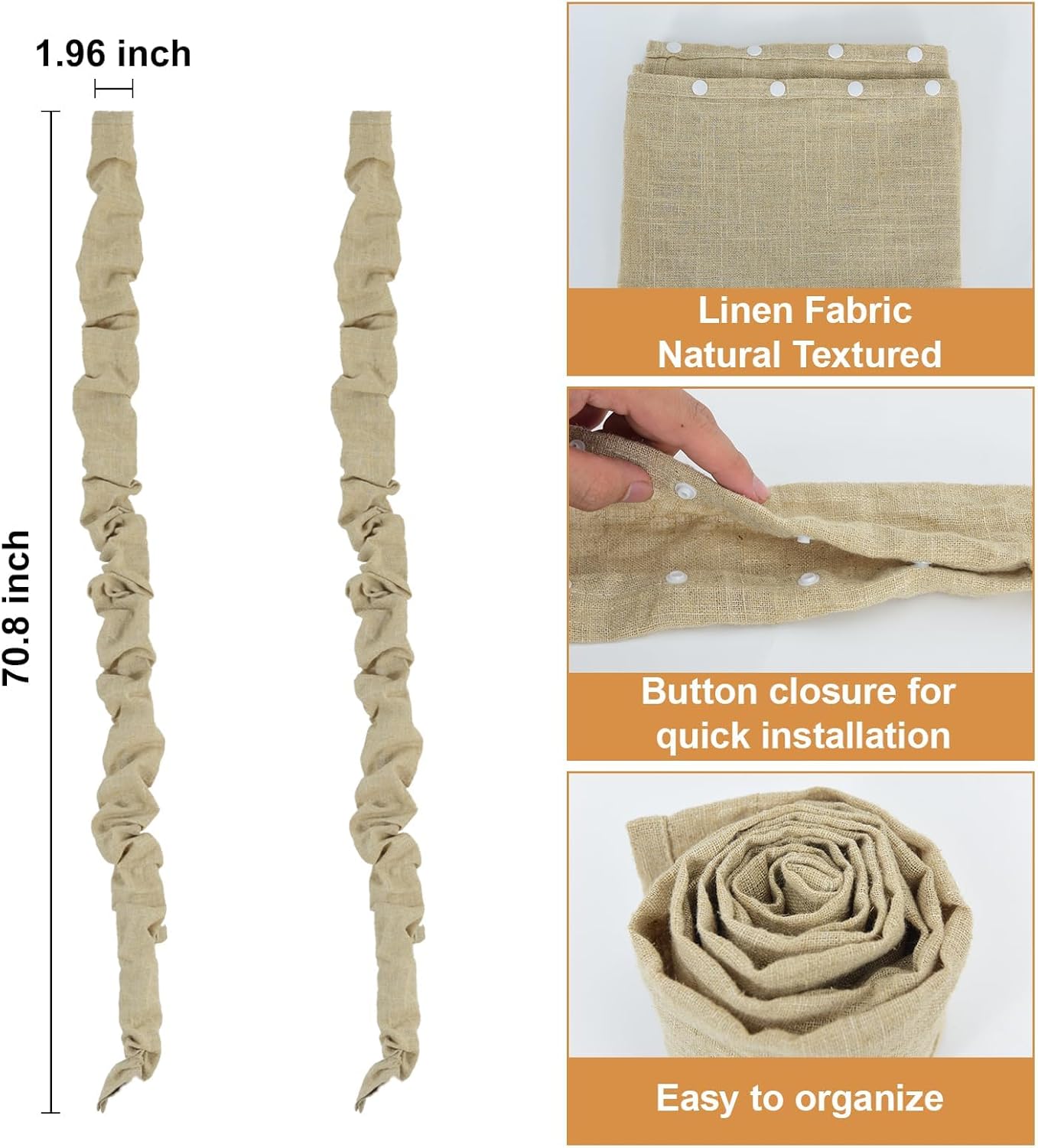 Chandelier Chain Cover,Linen Fabric Cord Cover 70.8" Beige Button Snap,Cord Sleeve for TV Wire,Table Lamp,Floor Lamp & Hammock Chain,2 Pack