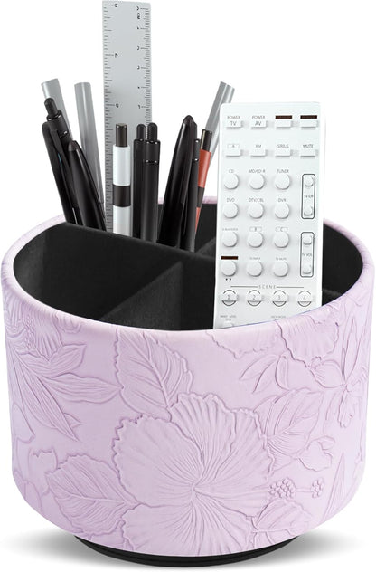 Round Leather Art Supply Organizer,Remote Control Holder,360 Degree Rotating,Multi-Functional Pencil Holder,4 Compartments Desktop Stationary Organizer(1-Fractal Flower) | Round - Colors B