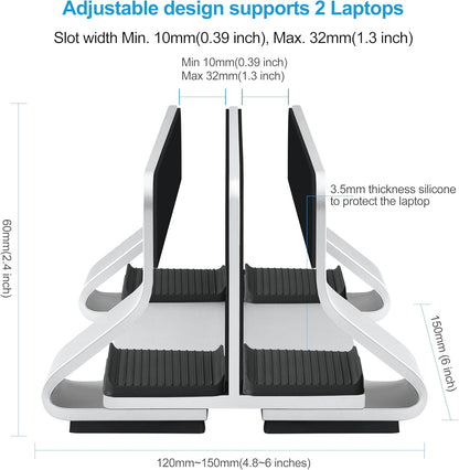 Aluminum Dual Vertical Laptop Stand Dock Holder, Supports 2 Devices, Adjustable Slot Width 15-36mm, Space-Saving Upright Storage for MacBook and Laptops