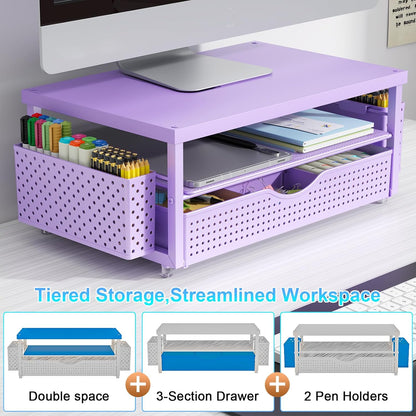gianotter Monitor Stand Riser, Office Desk Shelf Organizer, Desk Organizer with Drawer and Pen Holder, 2-Tier Computer Stand, Office Organization (Ink)