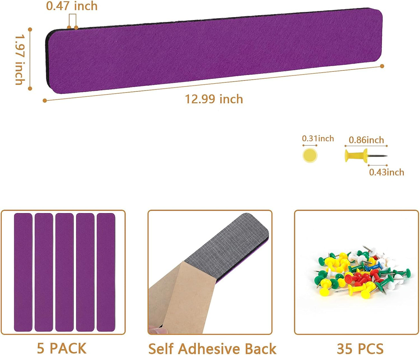 Felt Pin Board Bar Strips Bulletin Board for Bedrooms Offices Home Wall Decoration, Notice Board Self Adhesive Cork Board with 35 Push Pins for Paste Notes, Photos, Schedules
