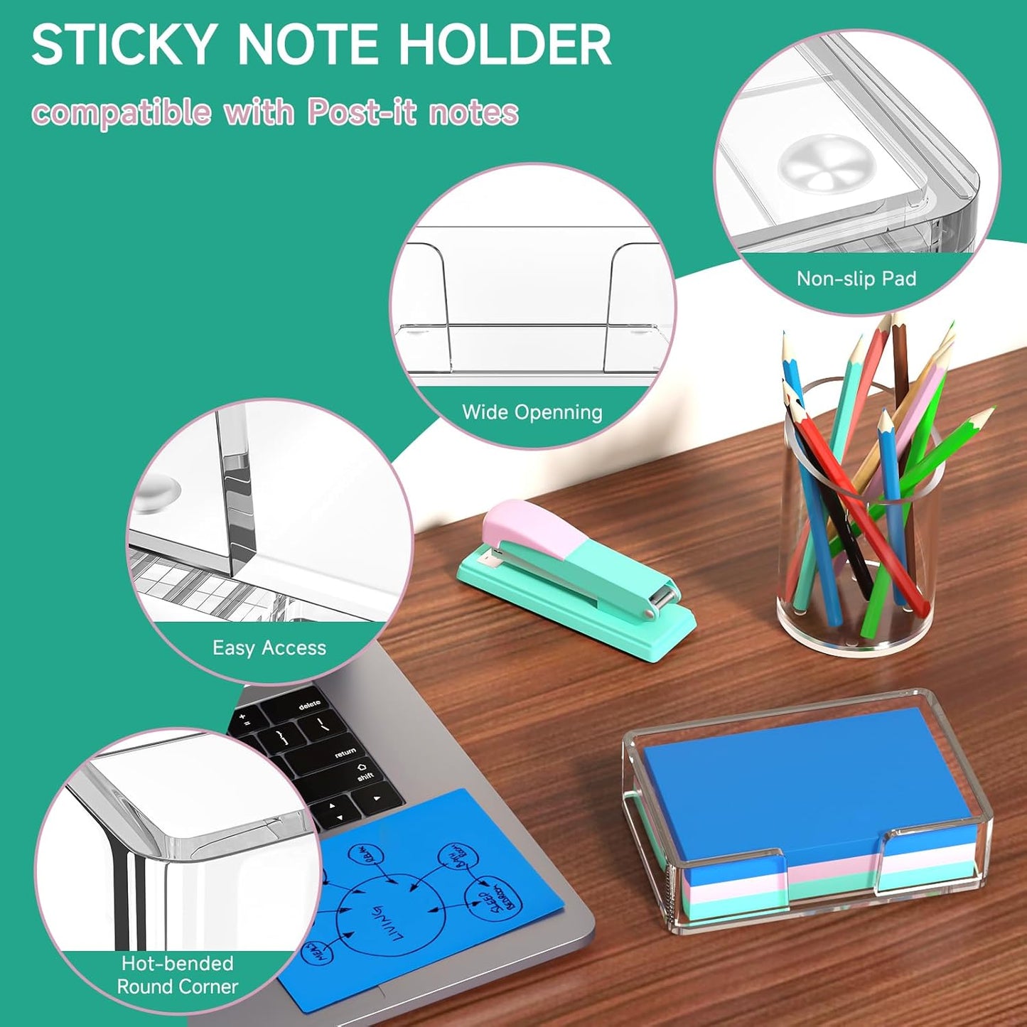 Sticky Note Holder, Glitter Pink Acrylic Notepad Holder 3x3 in Self-Stick Note Dispenser Office Desk Accessories, Memo Pad Holder Organizer for Classroom School Supplies