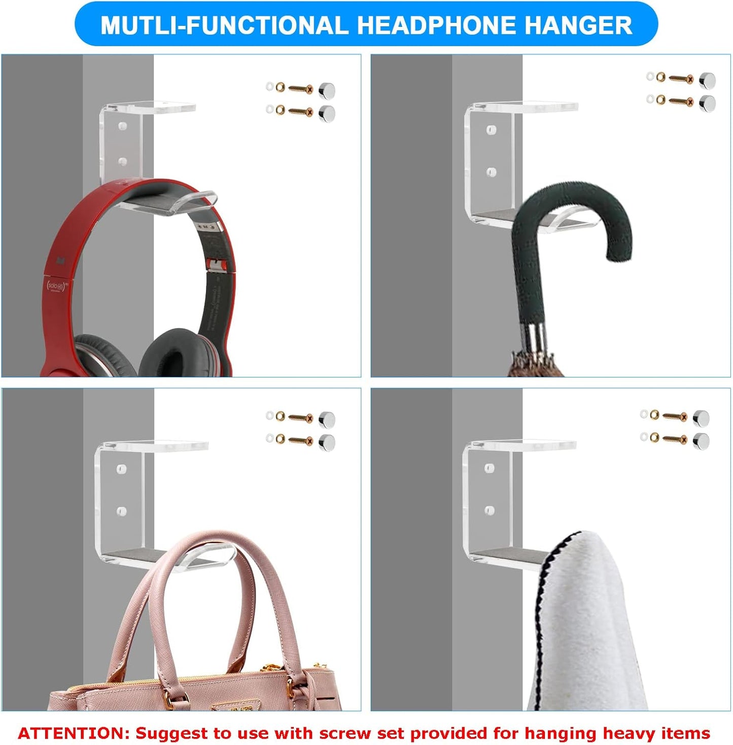 Cosmos 2 Pcs Headphone Hanger Mount Under-Desk Headset Hanger Hook Earphone Holder Wall Mount Hooks with Adhesive Tape & Screw Set Compatible with PC Gaming DJ Headset, Acrylic (Solid Black)