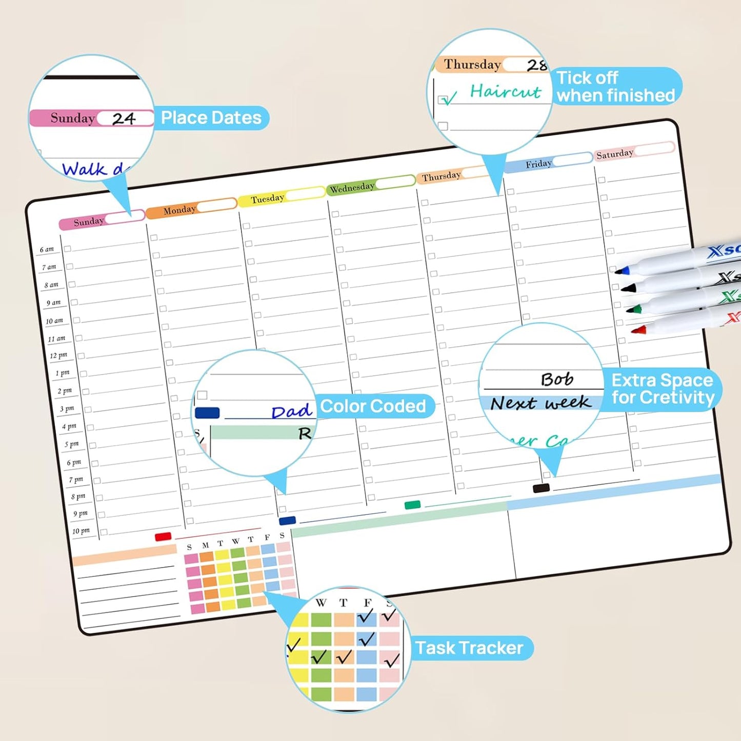 POPRUN Magnetic Fridge Calendar, 16.9"x11" Weekly Schedule Whiteboard, Dry Erase Board for Family Planning & Organization, Ideal for Home, School, Office