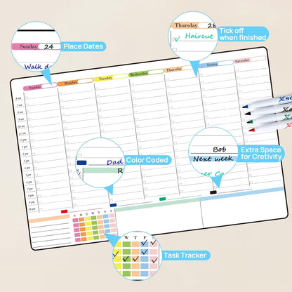POPRUN Magnetic Fridge Calendar, 16.9"x11" Weekly Schedule Whiteboard, Dry Erase Board for Family Planning & Organization, Ideal for Home, School, Office