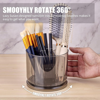 Makeup Brush Holder Organizer -Rotating 360° Clear Storage Cup Containers for Vanity, Desk, Countertop, Spinning Pen Holder for Desk, Round Make up Brush Stand with 5 Slots, for Cosmestics (Clear)