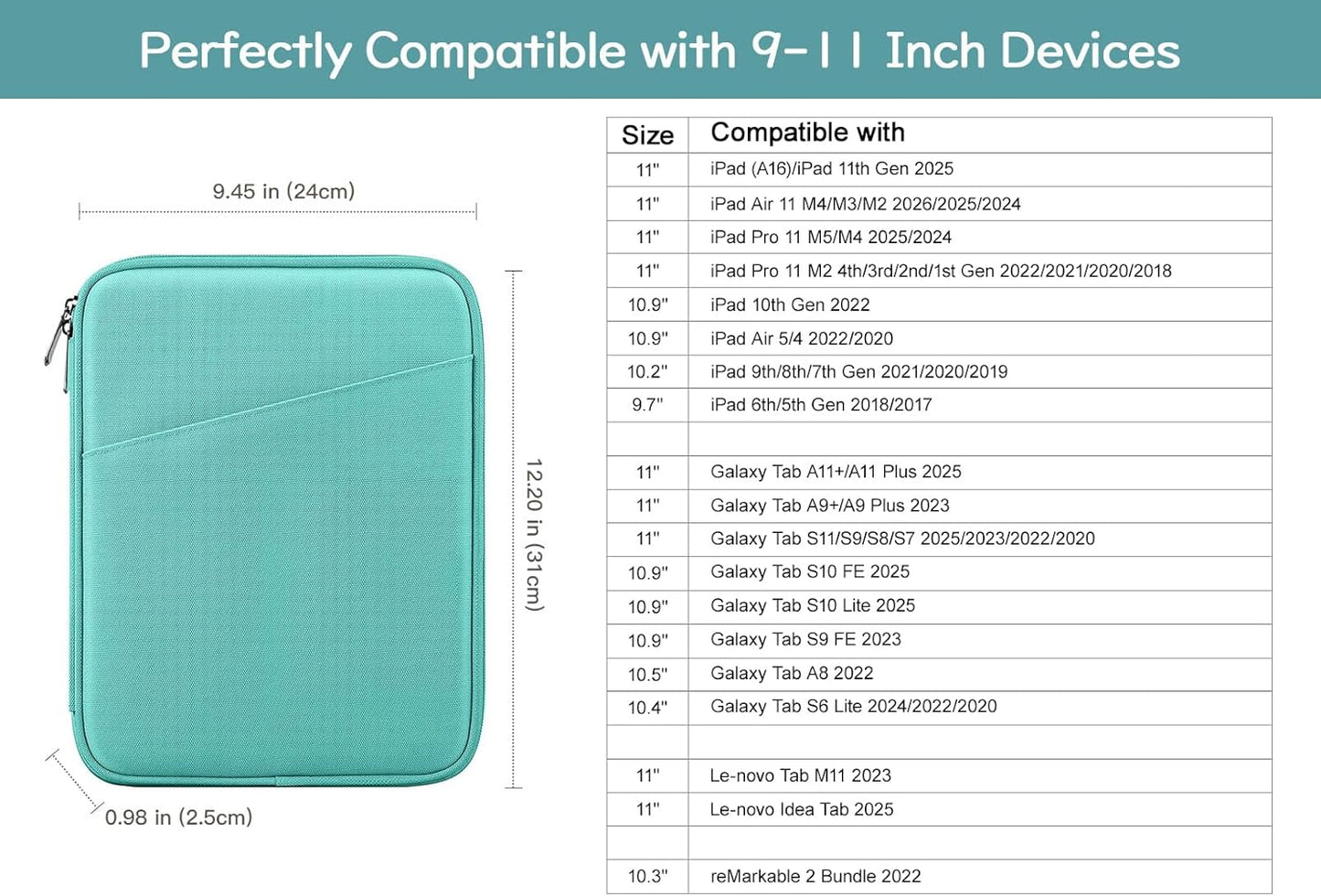 Dadanism 9-11" Tablet Sleeve Bag Carrying Case for iPad (A16) 11th Gen 11", iPad 10th Gen 10.9" Air 5/4, iPad Air M4/Pro 11", iPad 9/8/7th, Galaxy Tab A11+ Plus 11", Remarkable 2 10.3", Black