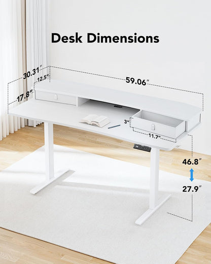 HUANUO 48″ x 24″ Electric Standing Desk with 2 Drawers, C-Clamp Mount Compatible, Height Adjustable Computer Desk, Home Office Stand Up Desk with 4 Preset Heights & 2 Hooks, Black