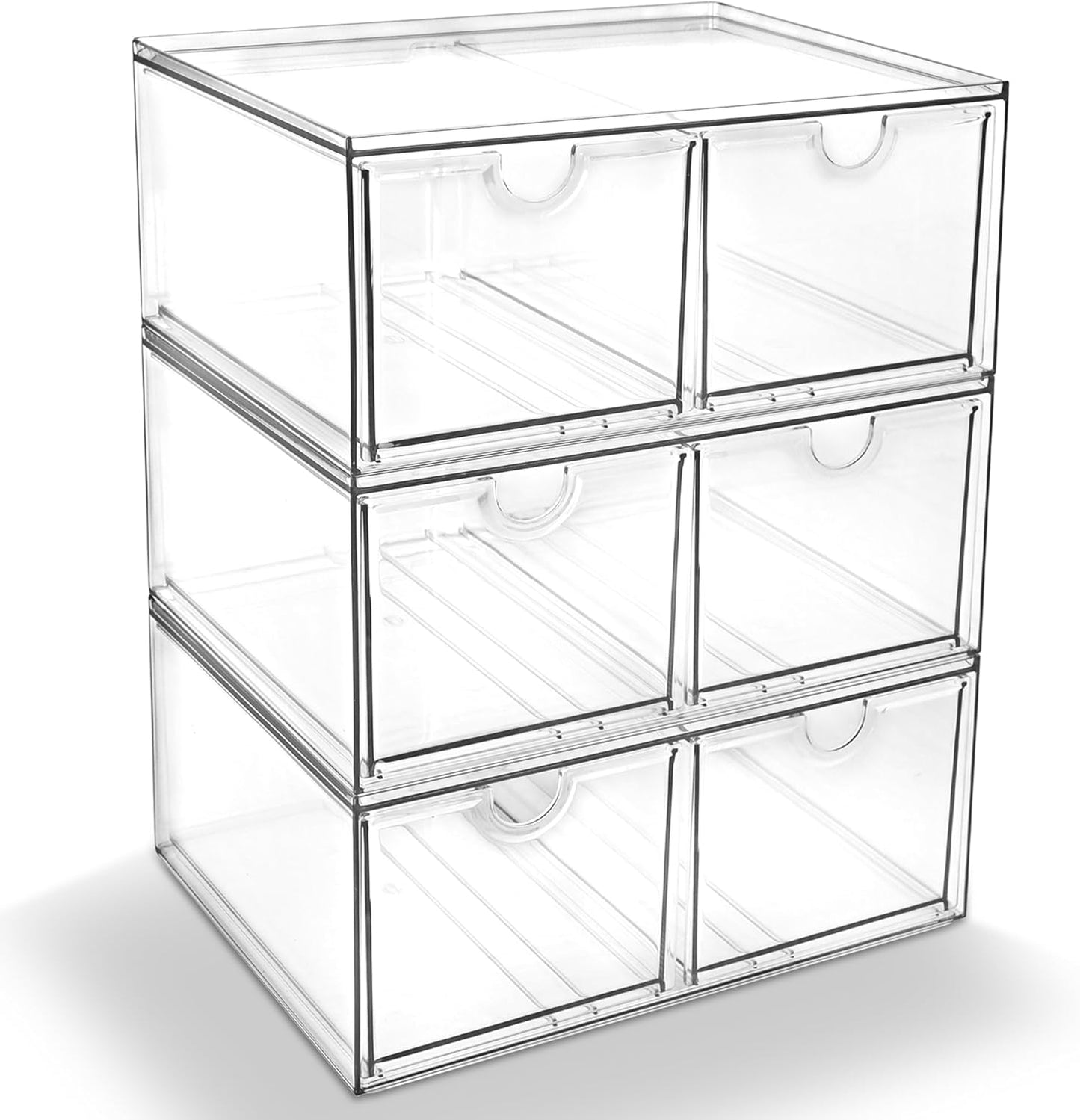 Prsildan Acrylic Drawer Makeup Organizer with 6 Drawers (Not for Baby Bottle), Set of 2 Office Desk Organizers Accessories, Clear Stackable Storage Drawers for Vanity, Craft (Largest Drawer 4" Tall)