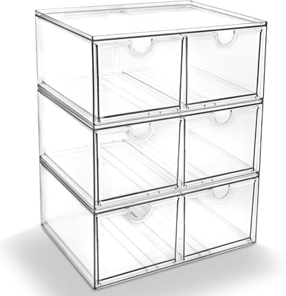 Prsildan Acrylic Drawer Makeup Organizer with 6 Drawers (Not for Baby Bottle), Set of 2 Office Desk Organizers Accessories, Clear Stackable Storage Drawers for Vanity, Craft (Largest Drawer 4" Tall)