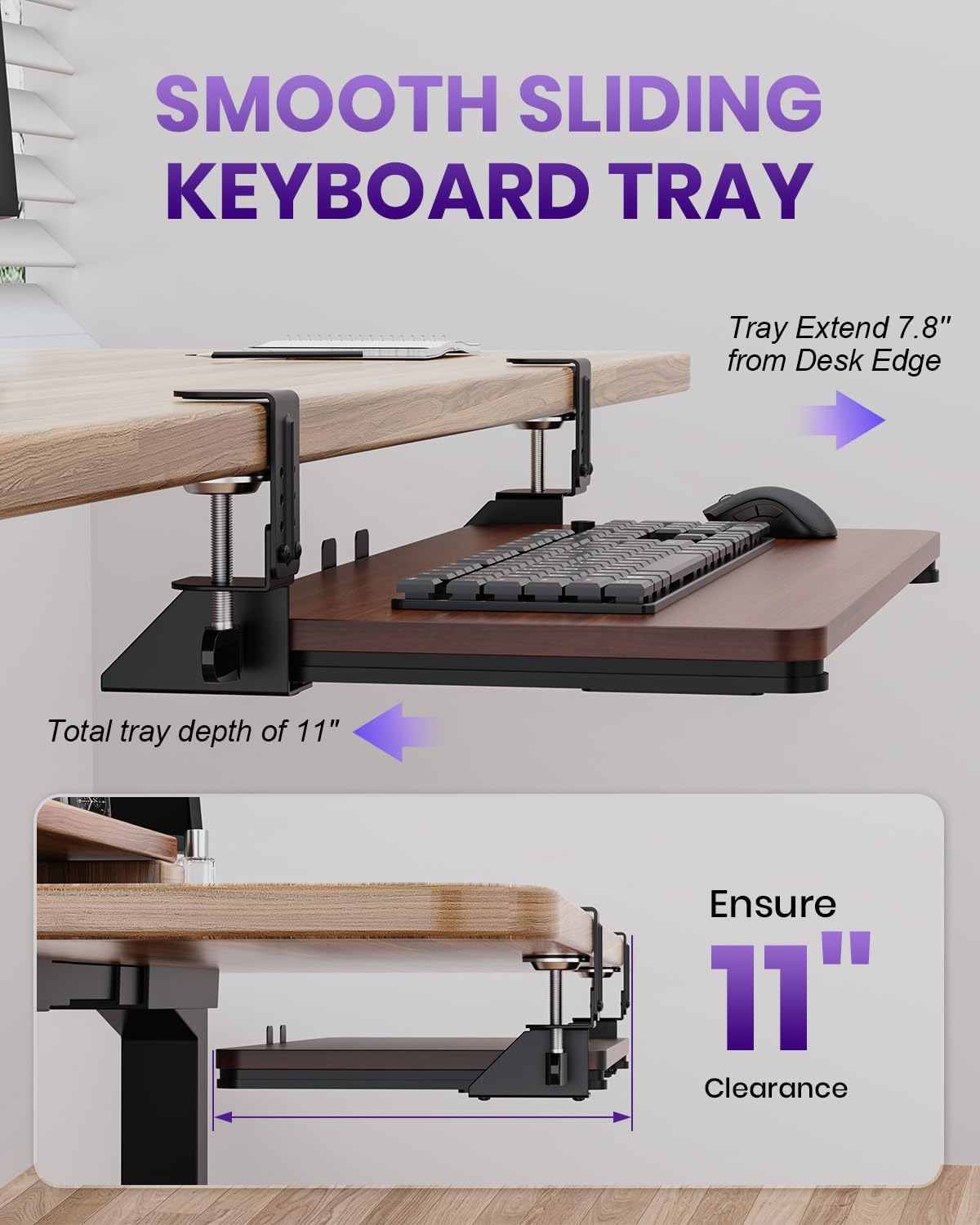 Ergonomic Mouse & Keyboard Tray Under Desk, Pull Out with Adjustable C-clamp, 20 (25.9 Including Clamps) x 11.8 Inch Slide Out Computer Keyboard Drawer Mouse Tray for Typing, Rustic Brown