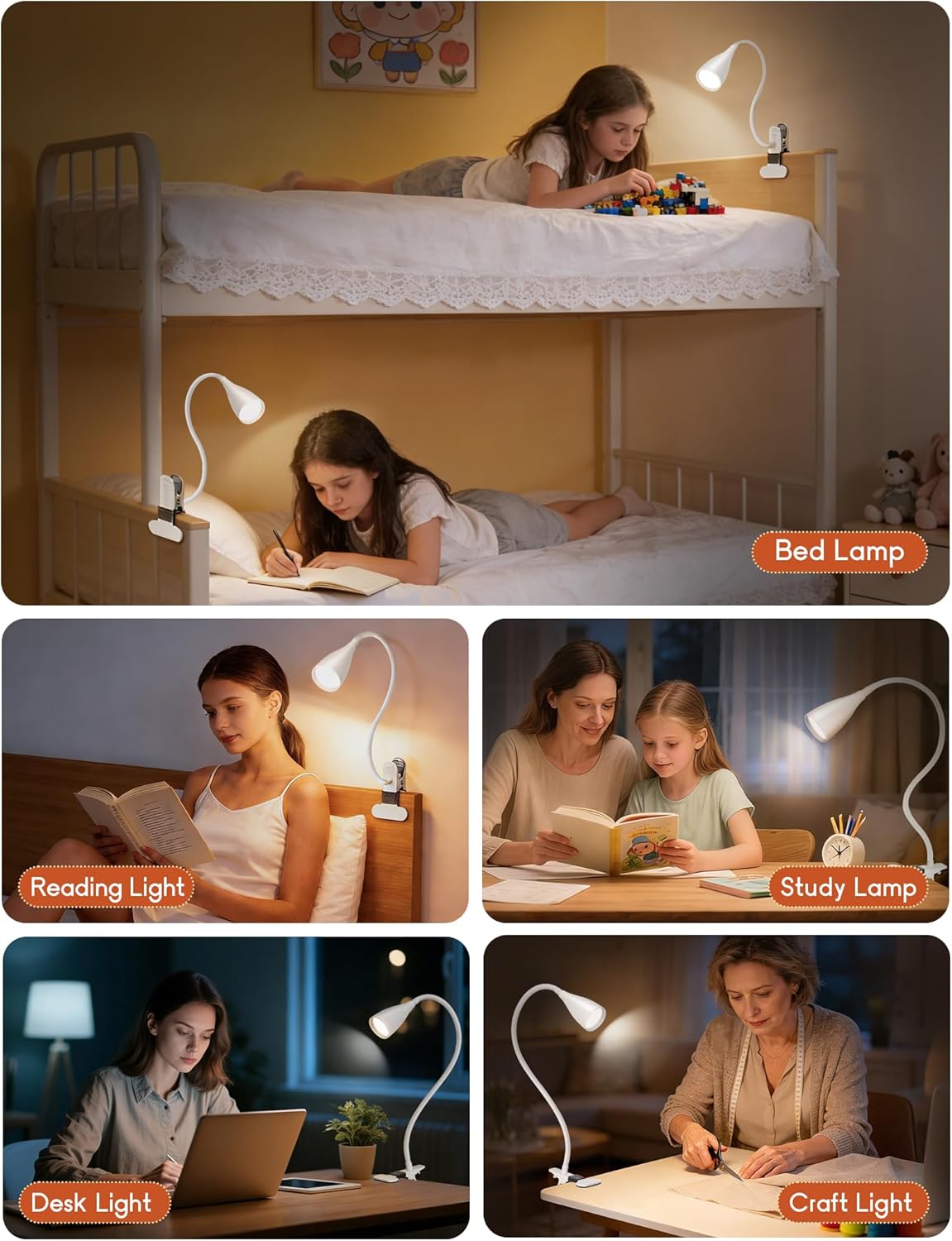 Reading Light for Book in Bed, Clip on Light Reading Lamp with Adapter, 5 Color Modes 10 Brightness, 360° Flexible Eye-Caring Clip on Desk Lamp Book Light for Reading in Bed Headboard Bedside Bedroom