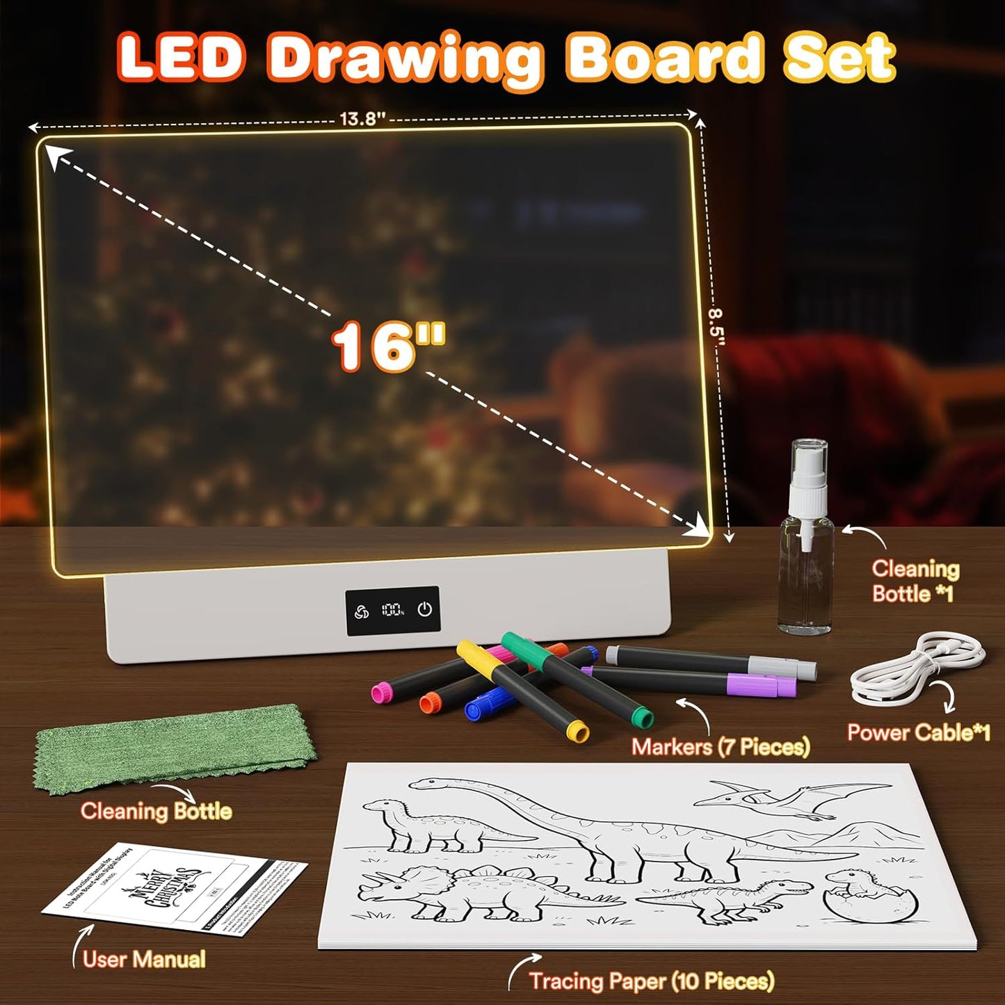 16" LED Drawing Board for Kids, USB-C Rechargeable Neon Glow Pad for Tracing & Creative Play,2000mAh Battery with 72h Runtime, Anti-Scratch 5H Acrylic Surface,7 Markers & A4 Tracing Paper Kit