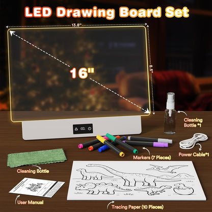 16" LED Drawing Board for Kids, USB-C Rechargeable Neon Glow Pad for Tracing & Creative Play,2000mAh Battery with 72h Runtime, Anti-Scratch 5H Acrylic Surface,7 Markers & A4 Tracing Paper Kit