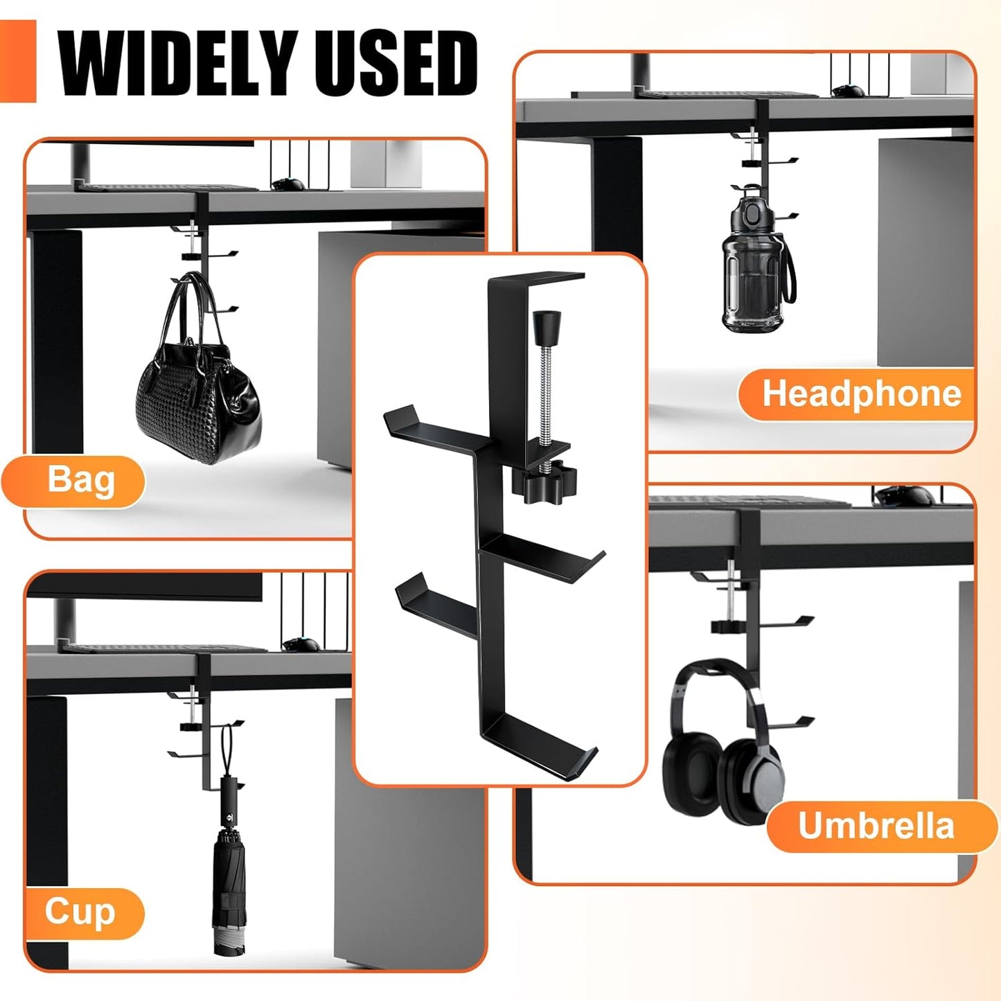 MorningRo 4 Tier Desk Hook, Under Desk Handbag Hanger Purse Hook for Table,Backpack Hanger Purse Holder for Desk Mount Adjustable Can Hook Bags, Umbrellas, Keys,Cups, Headphone Holder