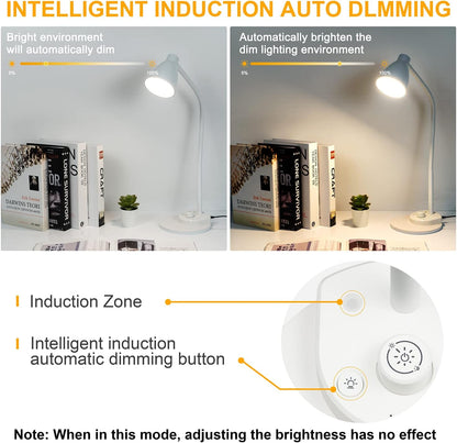 BOHON LED Desk Lamp with USB Charging Port, 3 Color Modes Dimmable Reading Lamp, Auto Dimming Task Lamp, Flexible Neck Table Light for Dorm Bedside, Adapter Include, White