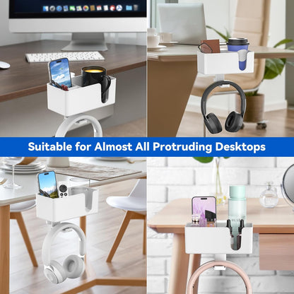 KDD 4 in 1 Desk Cup Holder - Clamp on Under Desk Headphone Hanger - Rotating Headphone Holder Detachable Pen Cup Holder Desktop Storage for Cup, Phone and Pen(Black)