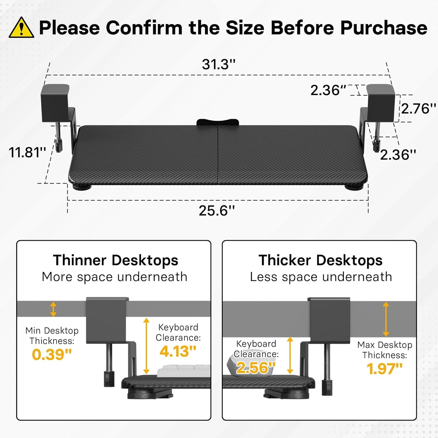 BONTEC KMT01 Under Desk Keyboard Tray, Pull-Out Keyboard & Mouse Platform with C-Clamp, 25.6 x 11.8 in Space-Saving Ergonomic Slide-Out Drawer, White