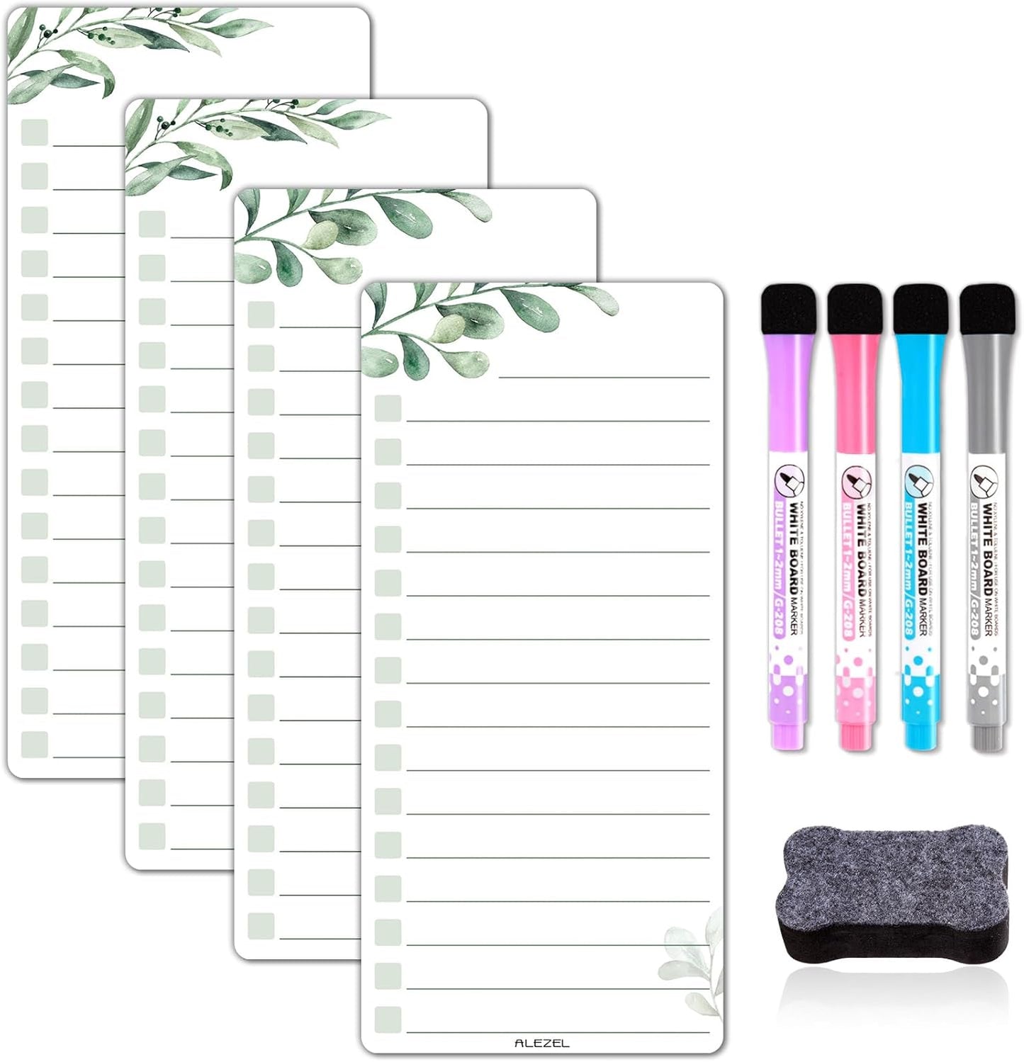 ALEZEL Magnetic to Do List White Board for Fridge, Multifunctional Dry Erase List Board for Refrigerator - Set of 4 Magnetic Grocery List Whiteboards, 4 Markers + Eraser
