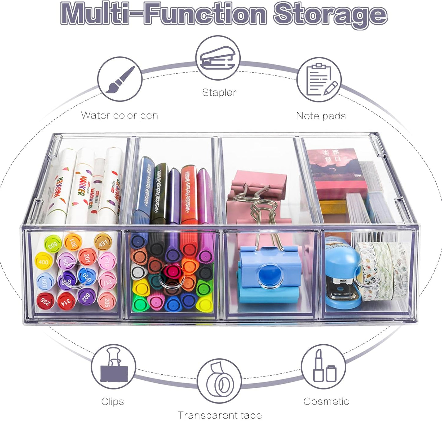 Desk Organizer with 8 Drawers, FODIENS 2 Packs Stackable Desktop Storage Box with Removable Drawer, Clear Sunglasses Organizer Display Case for Stationery Marker Pens Eyeglasses Office Supply