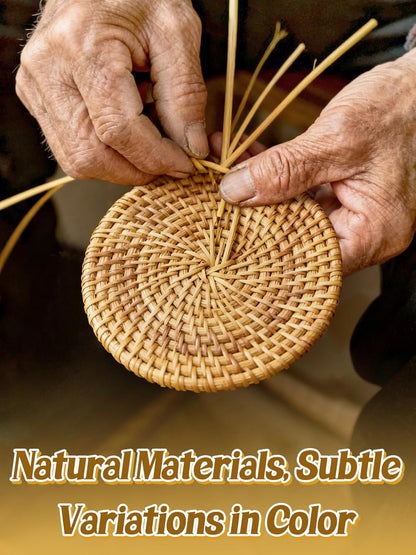 6pcs Natural Handmade Rattan Coasters with Holder - Wicker Drink Coasters Set, Housewarming Gifts Boho Summer Home Coastal Decor