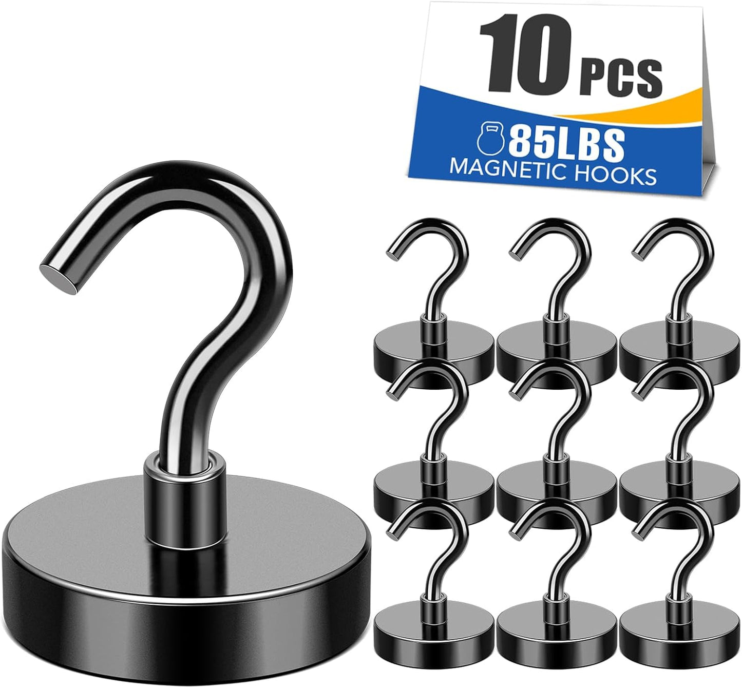 MIKEDE Black Magnetic Hooks 85Lbs Heavy Duty Earth Magnets with Hooks for Cruise Cabin Strong Magnet Hooks for Hanging Super Metal Magnetic Hanger for Grill Fridge Kitchen - Pack of 10