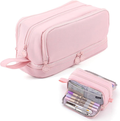 MAMUNU Large Capacity Pencil Case 4 Compartments, Pencil Pouch Bag with Zipper Portable Handle, Pen Case Bag Stationery Organizer for Office College School Adults Teen Girls Boys Men Women, Black