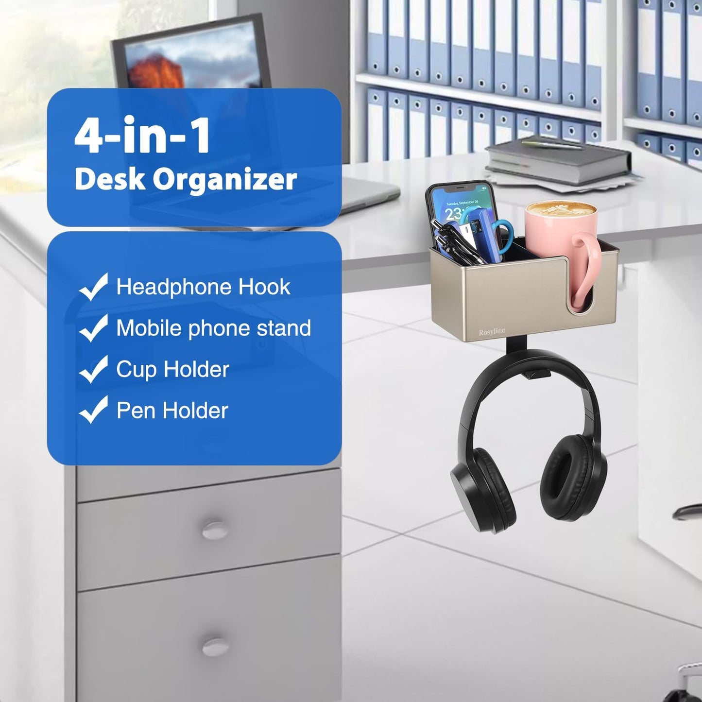 Rosyline 3-in-1 Desk Cup Holder & Clip-on Cup Holder, Clip on Desk Organizer – with Anti-Spill Function, Keeps Your Coffee, Headset, Phone & Pens Within Easy Reach, for Office Desk (Black)