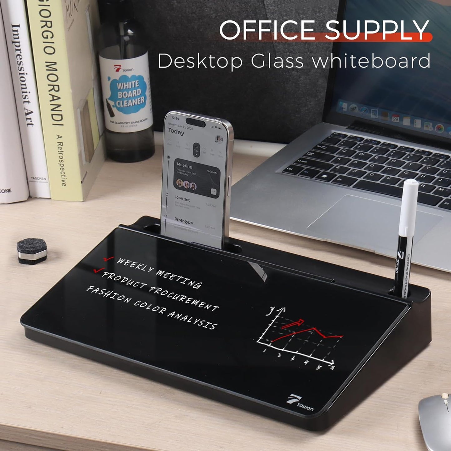 TOWON Small Compact Glass Desktop Whiteboard with Storage – 12 x 7 in Dry Erase Board for Desk, Home Office, School | Includes 5 Markers, Eraser & Holder | Space-Saving Organizer, Aesthetic Rose Gold