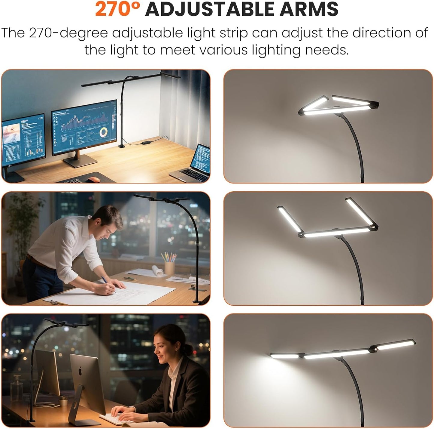 LED Desk Lamp for Office Home, 3 Head Adjustable Computer Monitor light Bar Stepless Dimming, Eye Caring Architect Desk Lamp Table Lamp Clip on Desk Light with Clamp for Reading Study Workbench Black