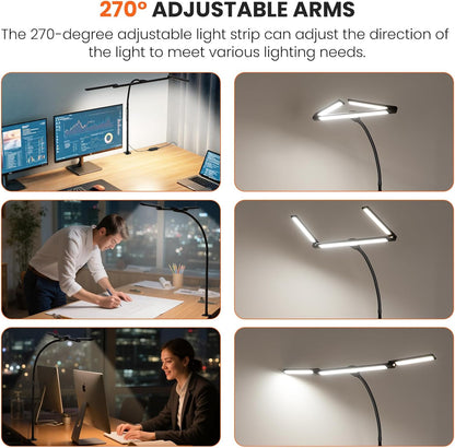 LED Desk Lamp for Office Home, 3 Head Adjustable Computer Monitor light Bar Stepless Dimming, Eye Caring Architect Desk Lamp Table Lamp Clip on Desk Light with Clamp for Reading Study Workbench Black